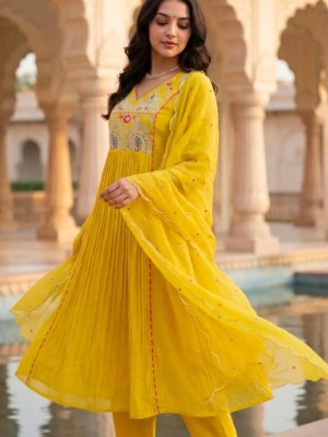 Yellow Designer Anarkali V-Neck Embroidered Cotton Kurti Pant With Dupatta (Set Of 3)