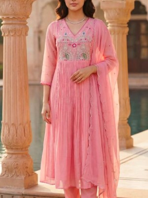 Baby Pink Traditional Anarkali V-Neck Embroidered Cotton Kurti Pant With Dupatta (Set Of 3)