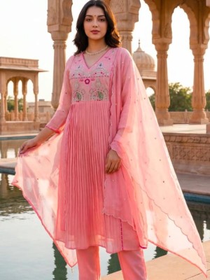 Baby Pink Traditional Anarkali V-Neck Embroidered Cotton Kurti Pant With Dupatta (Set Of 3)