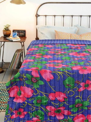 Multicolored Floral Boho Indian Kantha Quilt Blanket Blanket Throw - Twin Size