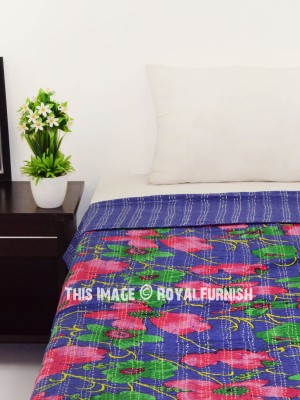 Multicolored Floral Boho Indian Kantha Quilt Blanket Blanket Throw - Twin Size