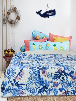 Colorful Owl Sitting on Tree Handmade Kantha Quilt Bedding Throw - Twin Size