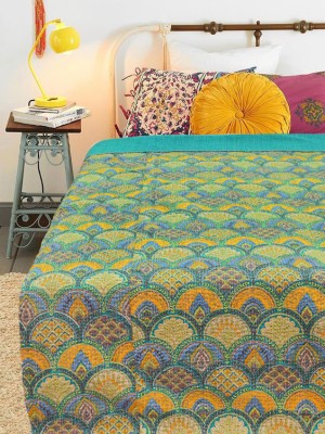 Bohemian Rainbow Printed Hand Stitched Twin Kantha Quilt Throw Blanket