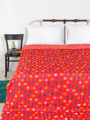 Polka Dot Printed Jaipuri Kantha Quilt Blanket Throw Twin Bedspread