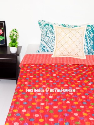 Polka Dot Printed Jaipuri Kantha Quilt Blanket Throw Twin Bedspread