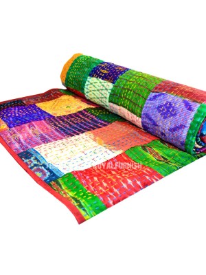 Handmade Multi Patchwork Silk Patola Kantha Quilt One-Of-A-Kind Blanket Throw