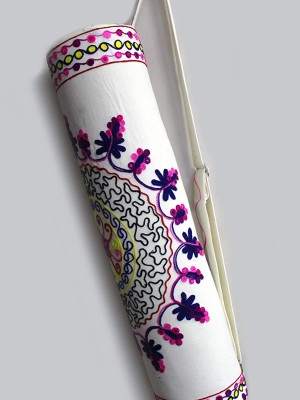 White Multi Embroidered Boho Mandala Floral Yoga Mat Cover Bag