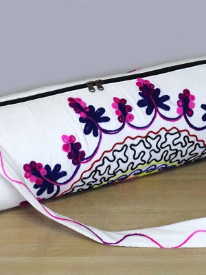 White Multi Embroidered Boho Mandala Floral Yoga Mat Cover Bag