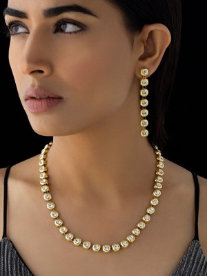 Stylish Anti Tarnish Golden Kundan Long Necklace with Earring Jewellery Set
