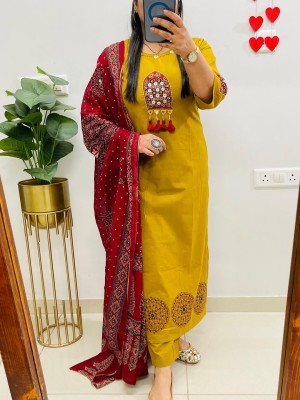 Rihana Straight Fit Mirror And Katha Work Cotton Kurti Pant with Dupatta Salwar Suit - Set Of 3