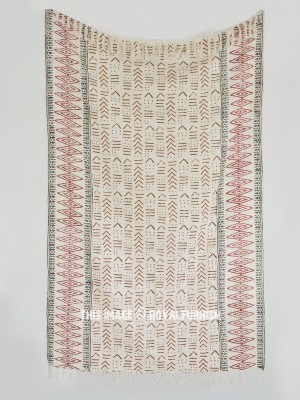 Bohemian Natural Cotton Sofa Throw Tribal Hand Block Print Mudcloth Blanket