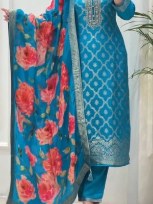 Blue Straight Fit Heavy Banarasi Silk Kurti Pant With Dupatta Set Salwar Kameez (Set Of 3)