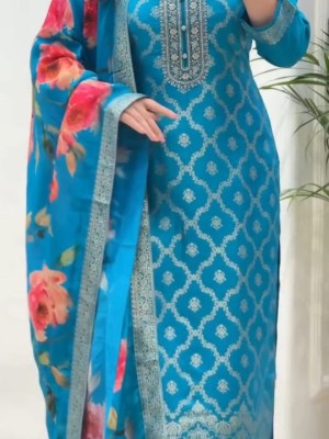 Blue Straight Fit Heavy Banarasi Silk Kurti Pant With Dupatta Set Salwar Kameez (Set Of 3)