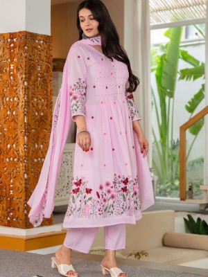 Premium Cotton Anarkali Embroidered Cotton Kurti Pant With Dupatta (Set Of 3)