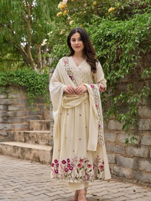 Premium Cotton Anarkali V-Neck Embroidered Cotton Kurti Pant With Dupatta (Set Of 3)