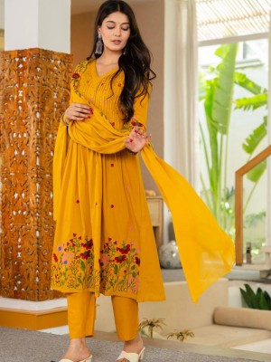 Premium Cotton Flared Anarkali V-Neck Embroidered Cotton Kurti Pant With Dupatta (Set Of 3)