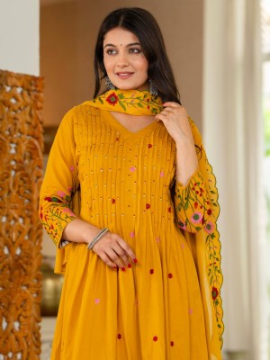 Premium Cotton Flared Anarkali V-Neck Embroidered Cotton Kurti Pant With Dupatta (Set Of 3)