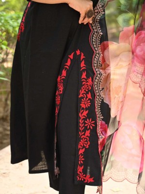 Designer Cotton Side Slit Embroidered Cotton Kurti Pant With Dupatta (Set Of 3)