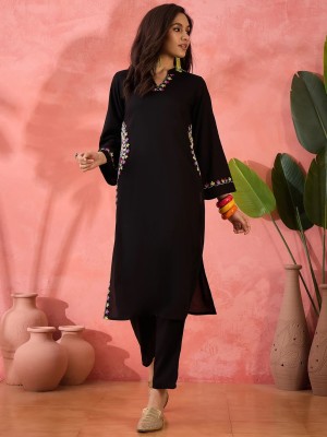 Black Embroidered Straight Fit Cotton Co-ord Set Kurti Pant (Set Of 2)