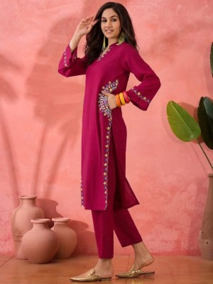 Pink Embroidered Straight Fit Cotton Co-ord Set Kurti Pant (Set Of 2)