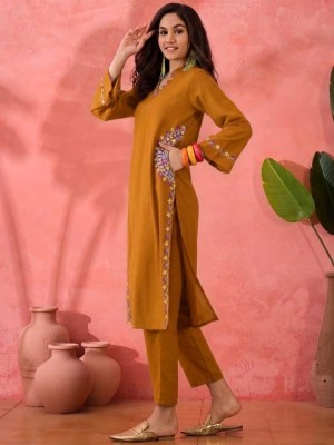 Yellow Embroidered Straight Fit Cotton Co-ord Set Kurti Pant (Set Of 2)