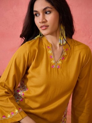 Yellow Embroidered Straight Fit Cotton Co-ord Set Kurti Pant (Set Of 2)
