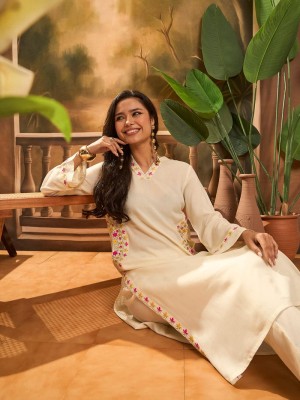 White Embroidered Straight Fit Cotton Co-ord Set Kurti Pant (Set Of 2)