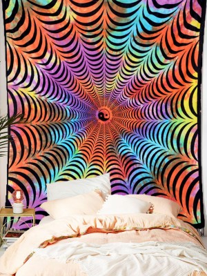 Black Multi Tie Dye Yin Yang Spider Web Illusion Tapestry Wall Hanging