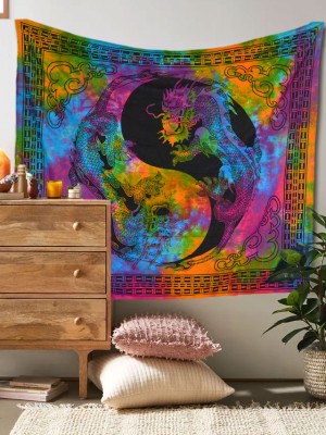 Black Multi Yin Yang Chinese Dragon Fly Tapestry Wall Hanging
