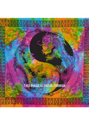 Black Multi Yin Yang Chinese Dragon Fly Tapestry Wall Hanging