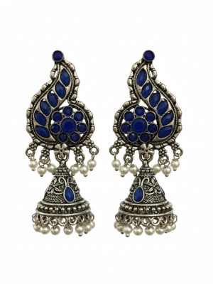 Traditional Jhumki Silver Oxidized Earrings Jhumka with Pearl Beads Drop with Blue Stone
