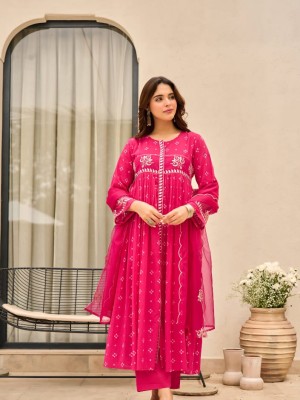 Pink Anarkali Work On Full Kurti And Sleeves Kurti Pant Dupatta Set Salwar Kameez For Women
