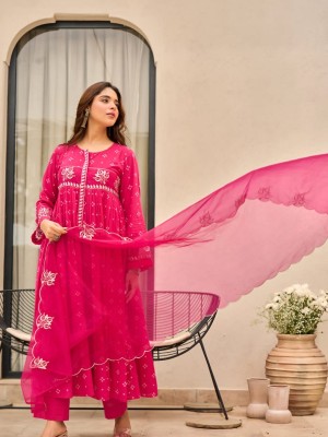 Pink Anarkali Work On Full Kurti And Sleeves Kurti Pant Dupatta Set Salwar Kameez For Women