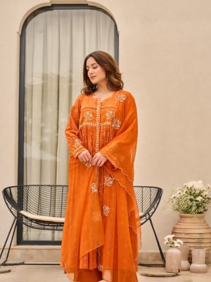 Orange Anarkali Work On Full Kurti And Sleeves Kurti Pant Dupatta Set Salwar Kameez For Women