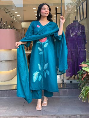 Beautiful Rich Embroidery Work On Yoke V-Neck Cotton Kurti Pant Dupatta Set For Women