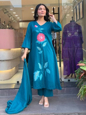 Beautiful Rich Embroidery Work On Yoke V-Neck Cotton Kurti Pant Dupatta Set For Women