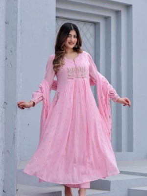 Soniya Indian Pakistani Anarkali Light Pink Cotton Embroidered Suit Kurti Pant Dupatta Set Salwar Kameez for Women - Set of 3