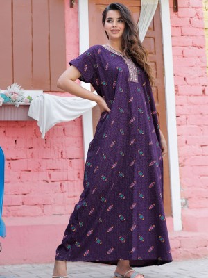 Wine Cotton Nighty Night Gown Indoor Wear Comfortable Printed Night Kurti Maxi
