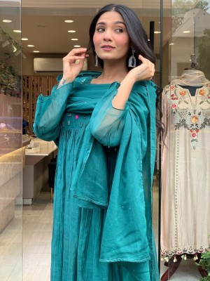 Beautiful Front Mirror Embroidery Anarkali Cotton Kurti Pant Dupatta Set Salwar Kameez for Women