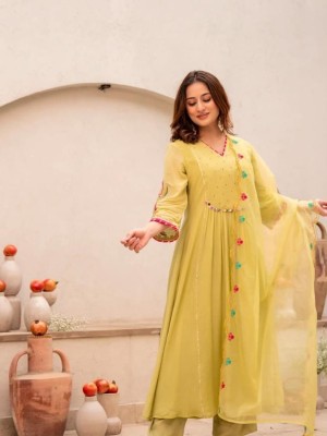 Beautiful Yellow Embroidery Work On Kurti And Sleeves Cotton Kurti Pant Dupatta Set For Women (Set Of 3)