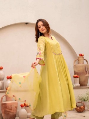 Beautiful Yellow Embroidery Work On Kurti And Sleeves Cotton Kurti Pant Dupatta Set For Women (Set Of 3)