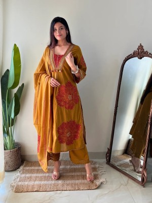 Beautiful Heavy Embroidery A-Line Cotton Kurti Pant Dupatta Set Salwar Kameez for Women (Set Of 3)