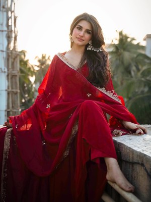 Red Festive Season Mirror Work Sleeves Anarkali Georgette Kurti Pant With Fancy Lace Dupatta (Set Of 3)