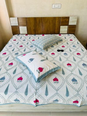 Ghoomer Floral Block Printed Cotton Jaipuri King Size Bed Sheet with 2 Pillow Sham