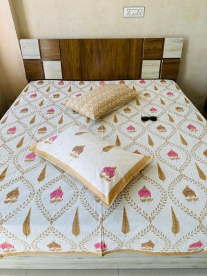 Ghoomer Floral Block Printed Cotton Jaipuri King Size Bed Sheet with 2 Pillow Sham