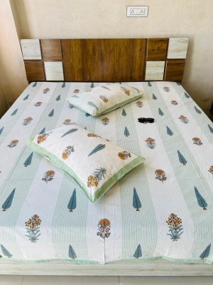 Traditional Jaipuri Floral Block Printed Cotton King Size Bed Sheet with Pillow Cover