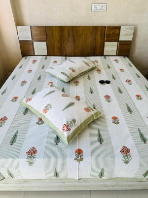 Traditional Jaipuri Floral Block Printed Cotton King Size Bed Sheet with Pillow Cover