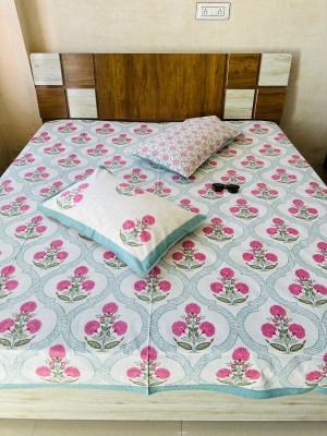 Jaipuri Flower Buti Block Printed Cotton King Size Bed Cover with Set of Pillow Sham