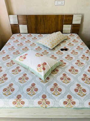 Jaipuri Flower Buti Block Printed Cotton King Size Bed Cover with Set of Pillow Sham