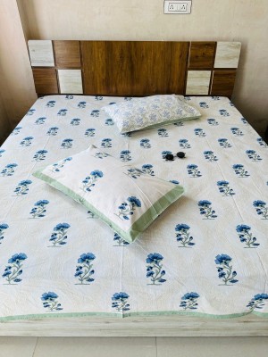 Sanganeri Hand Block Flower Buti Printed Cotton King Size Bed Cover with 2 Pillow Covers